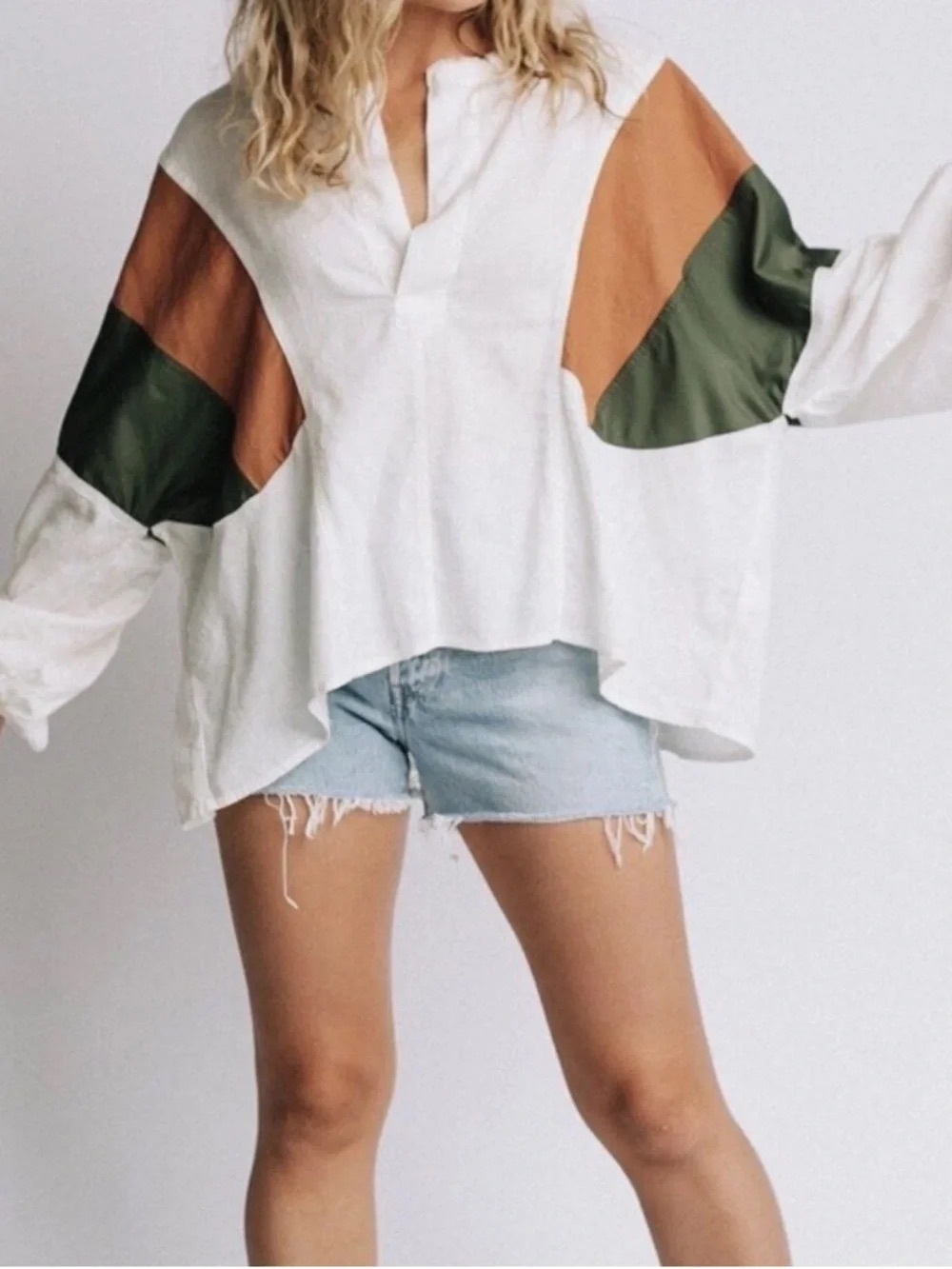 We The Free White Pullover with Tan and Olive Sleeve Panels